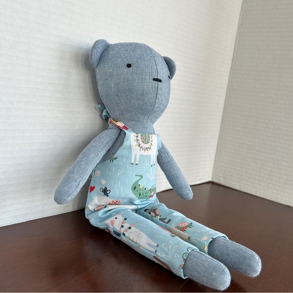 Handcrafted Soft Blue Bear with Coordinating Overalls 13 inches - Picture 3 of 5